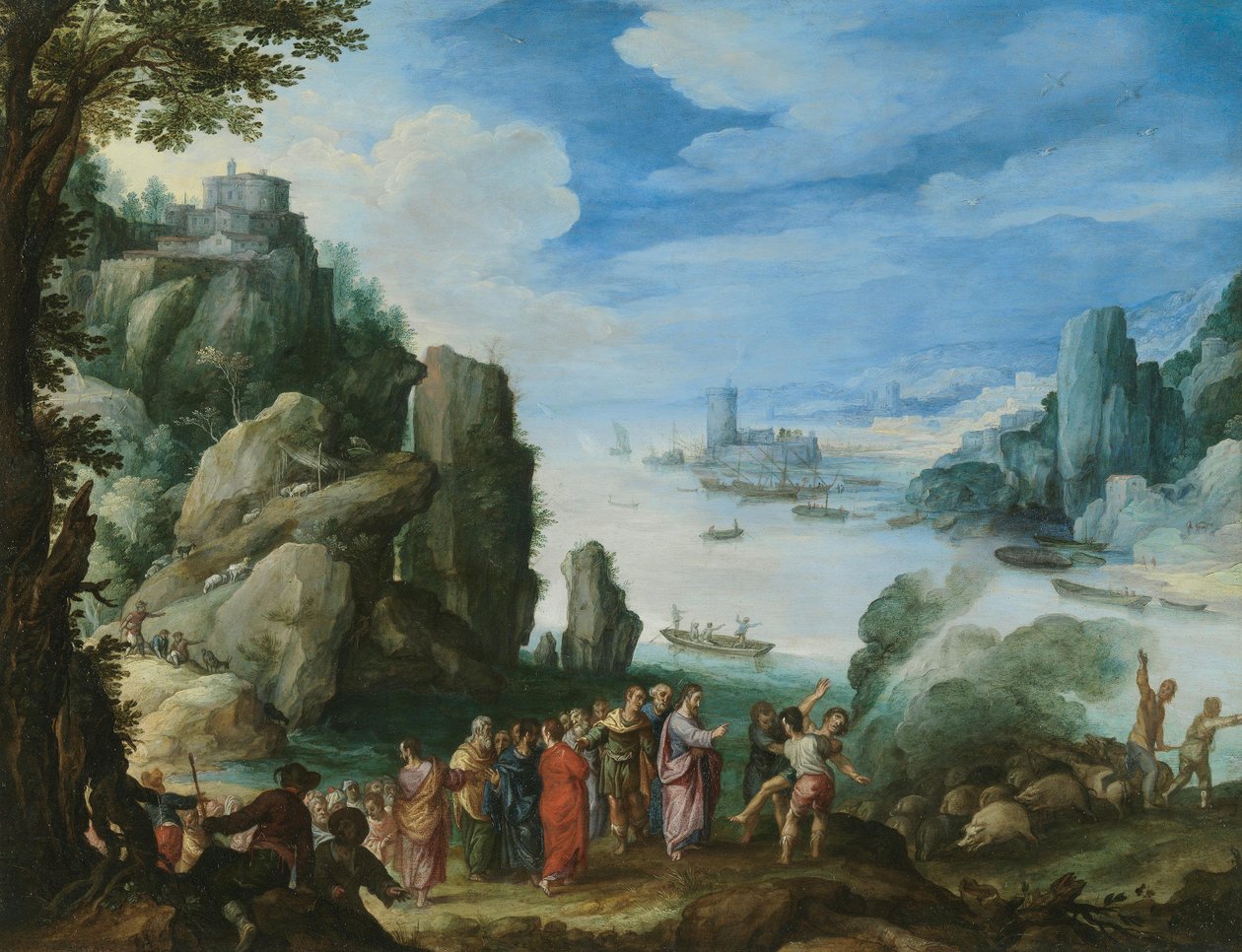 Rotsachtig landschap met de genezing van de bezetene door Paul Bril