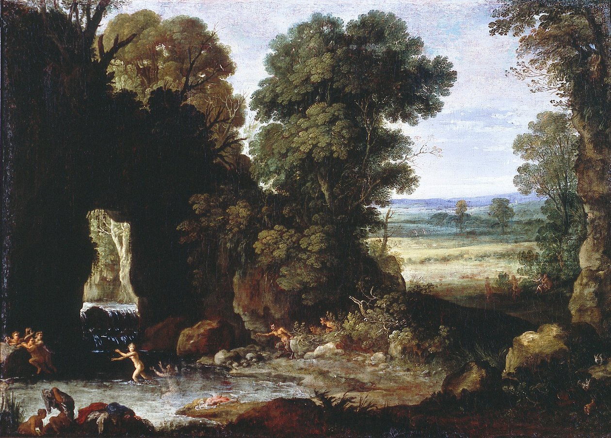 Boslandschap met nimfen en saters door Paul Bril