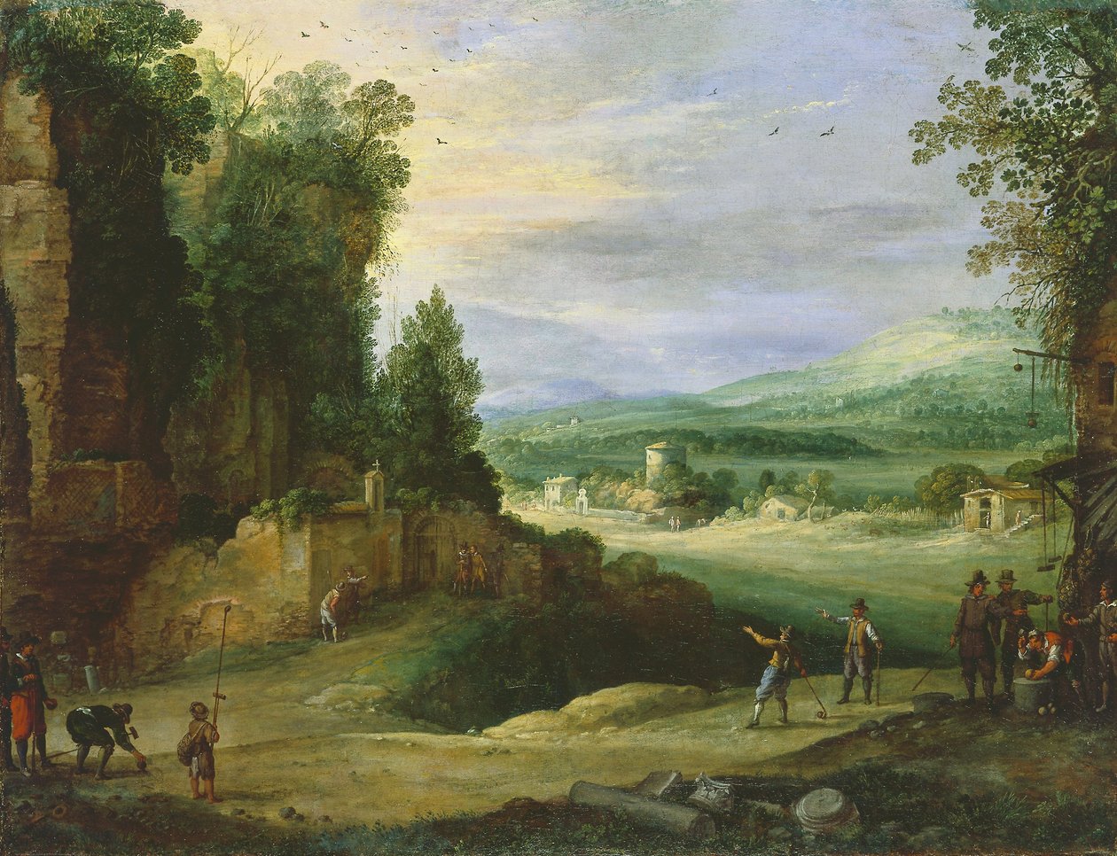 Landschap met mannen die „Mail à la Chicane” spelen door Paul Bril