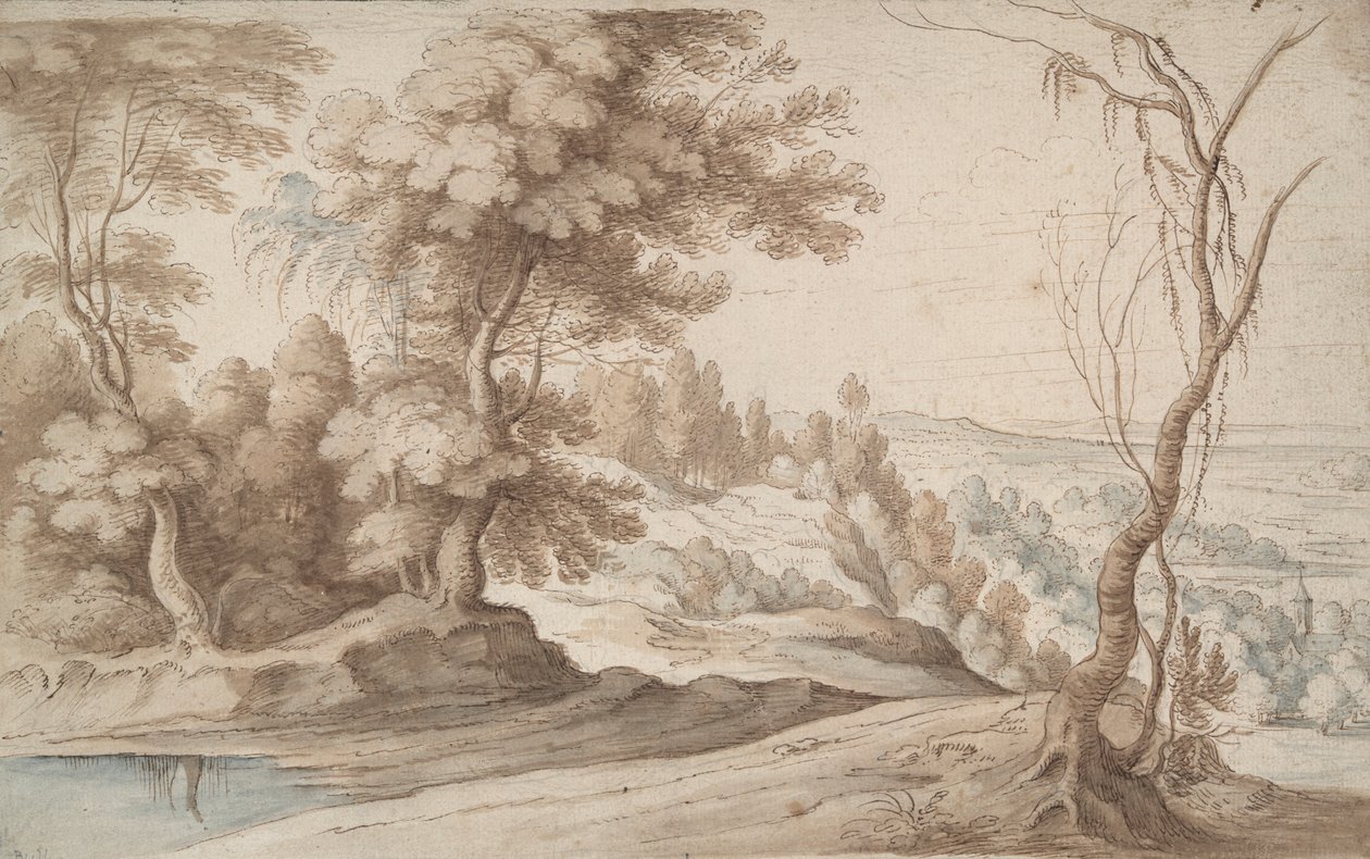 Landschap met bomen en uitzicht op een vallei door Paul Bril