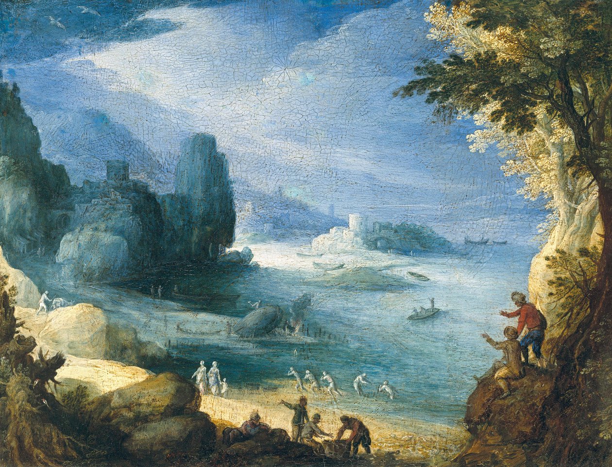 Landschap met uitzicht op een zeebaan door Paul Bril