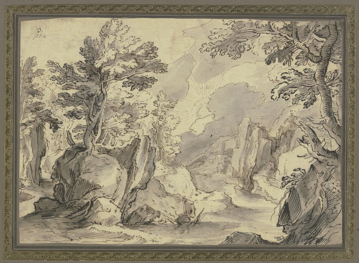Rotslandschap met bomen door Paul Bril