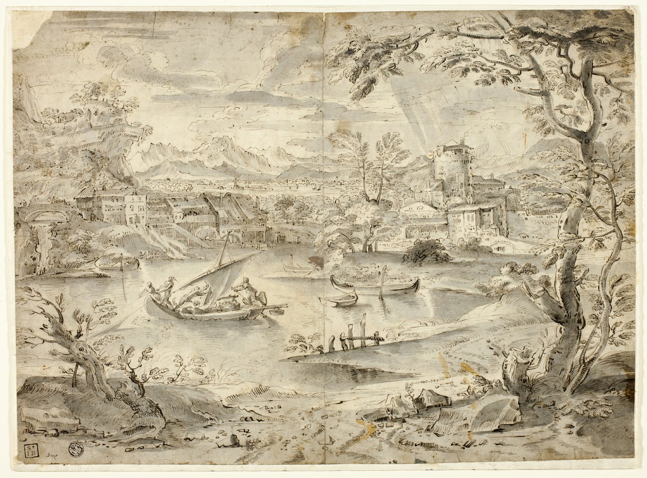 Uitzicht op de stad met vissersboot op de voorgrond door Paul Bril