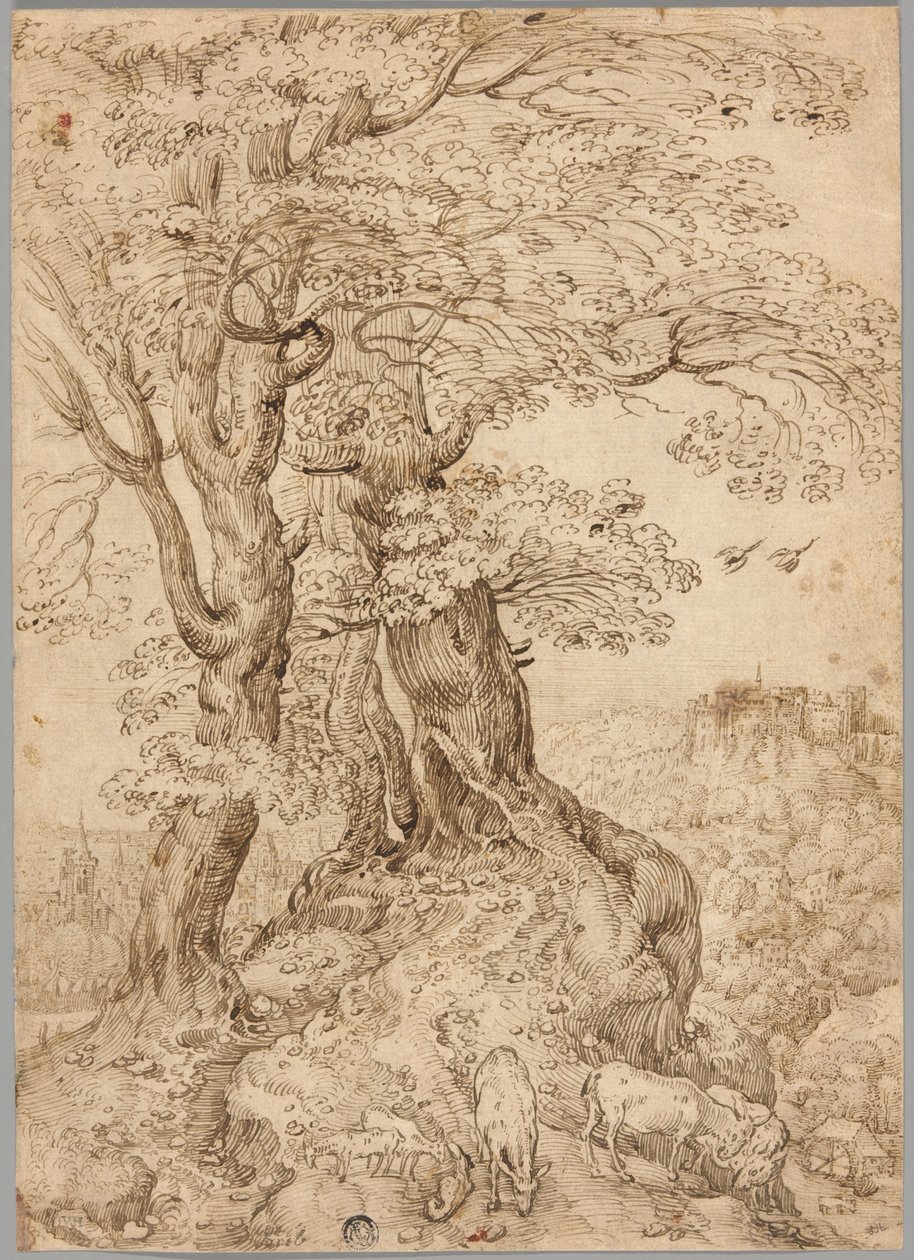 Boslandschap met ezels en geiten, en kasteel op heuvel in de verte door Paul Bril