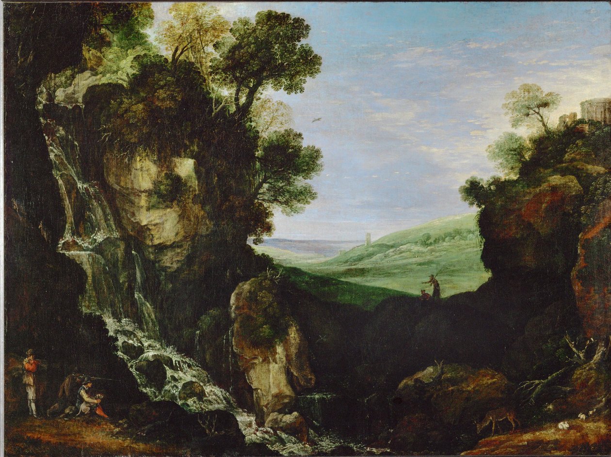 Landschap met waterval en Vestatempel in Tivoli door Paul Brill or Bril