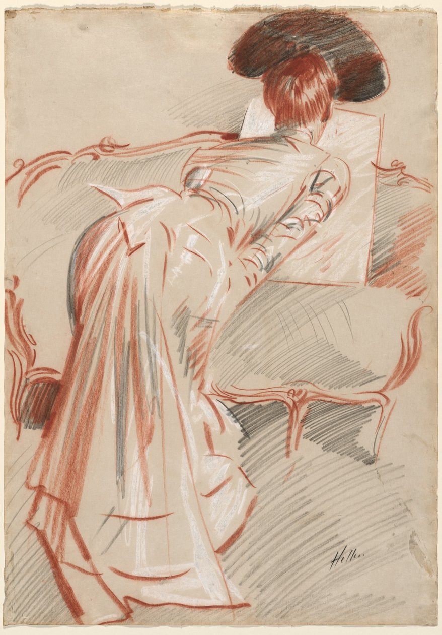 Vrouw (Mogelijk Madame Alice Hellu) Kijkt naar een Tekening, ca. 1895 door Paul Cesar Helleu