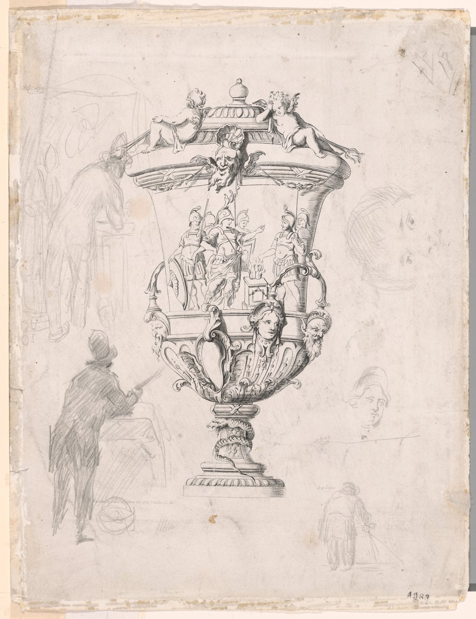Figurenstudies Rond een Gravure van een Sierlijke Vaas door Paul Cézanne