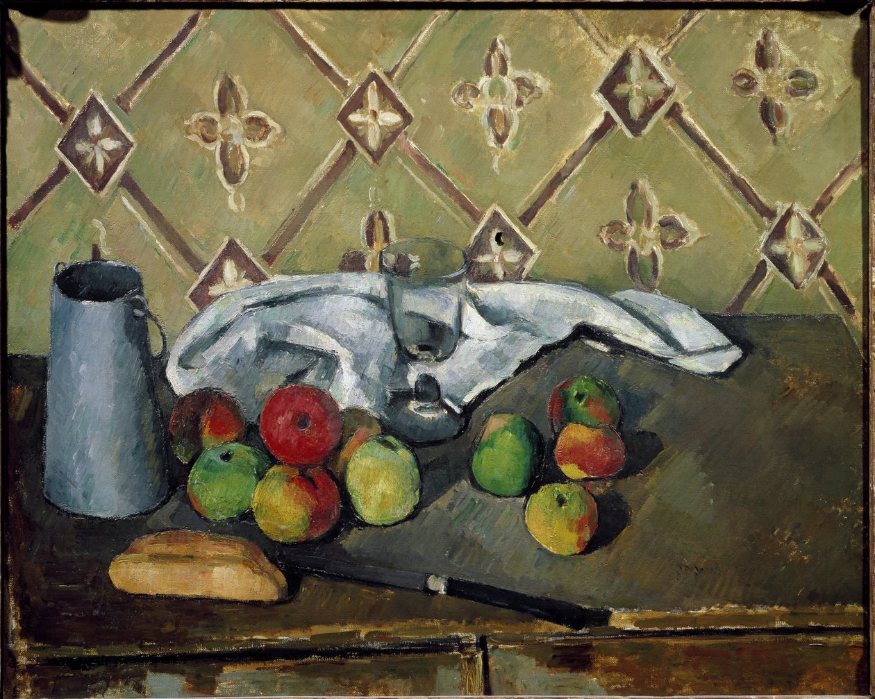 Vruchten, servet en melkdoos door Paul Cézanne
