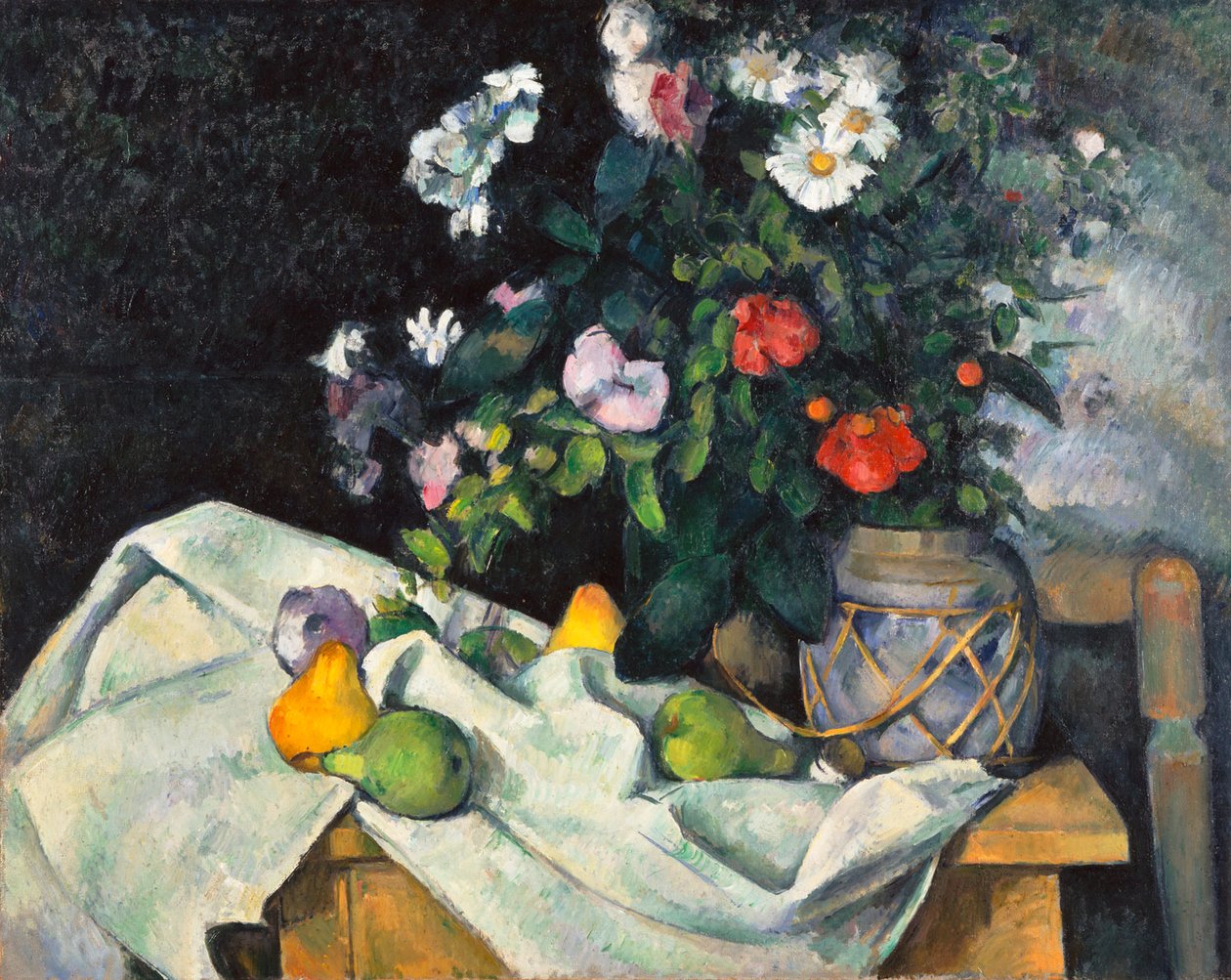 Stilleven met bloemen en fruit door Paul Cézanne