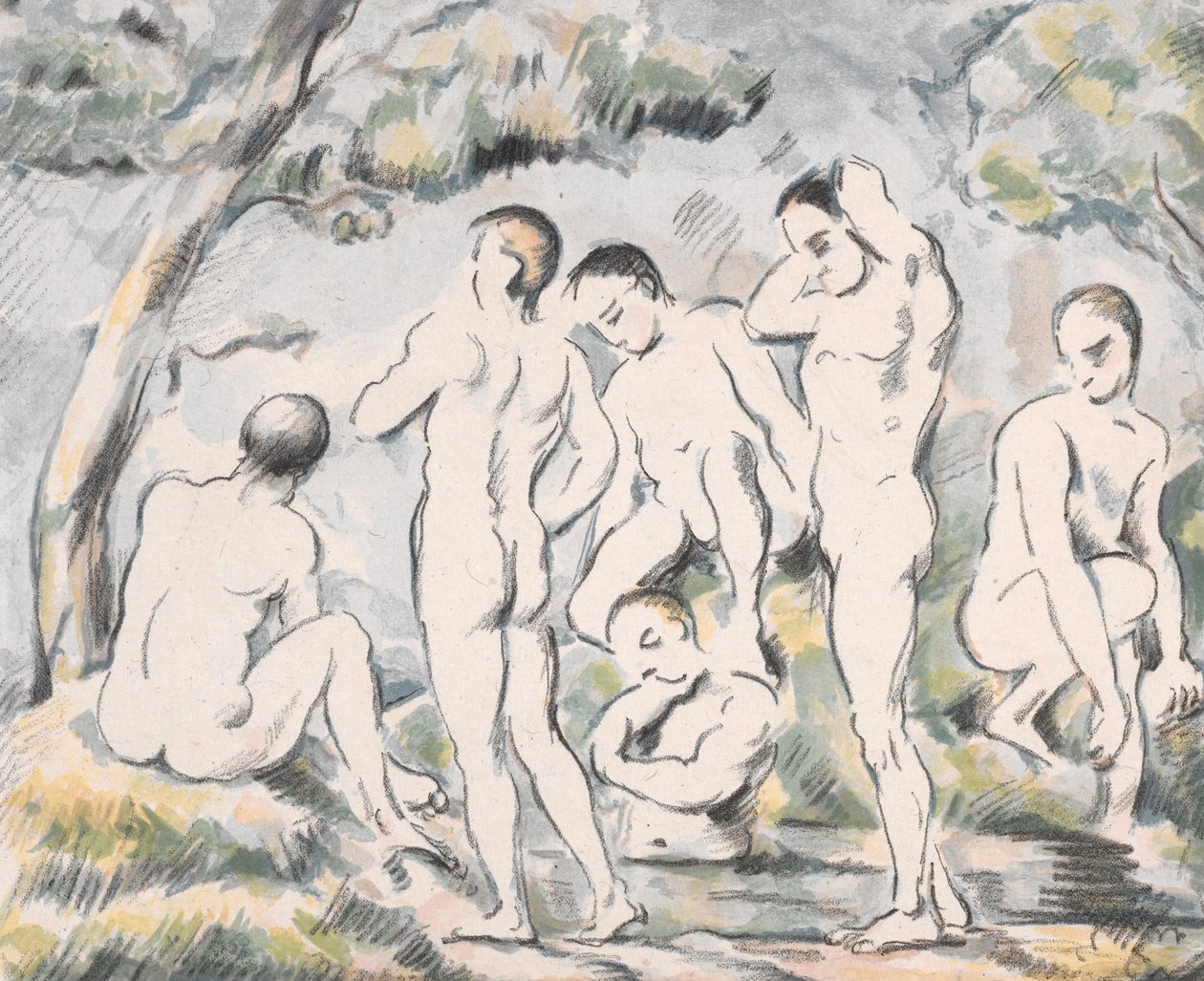 De baders (klein bord) door Paul Cézanne