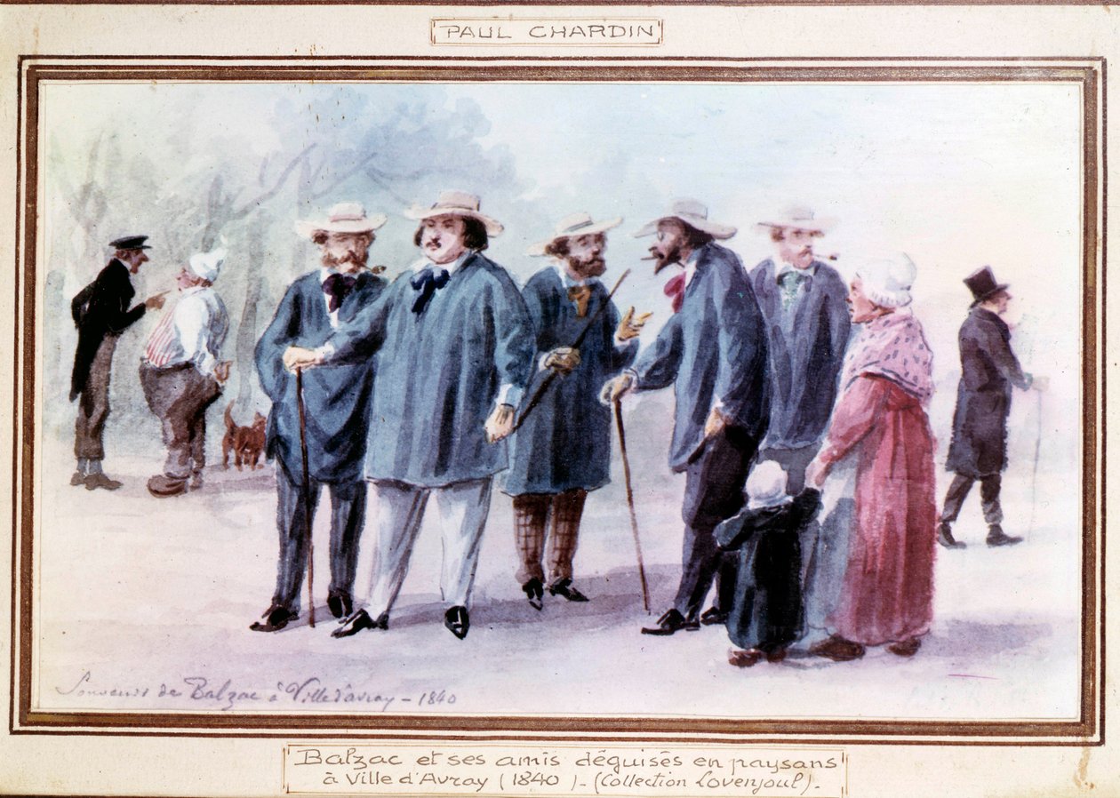 De Franse schrijver Honore de Balzac (1799-1850) en zijn vrienden verkleed als boeren in de stad Avray in 1840 door Paul Chardin