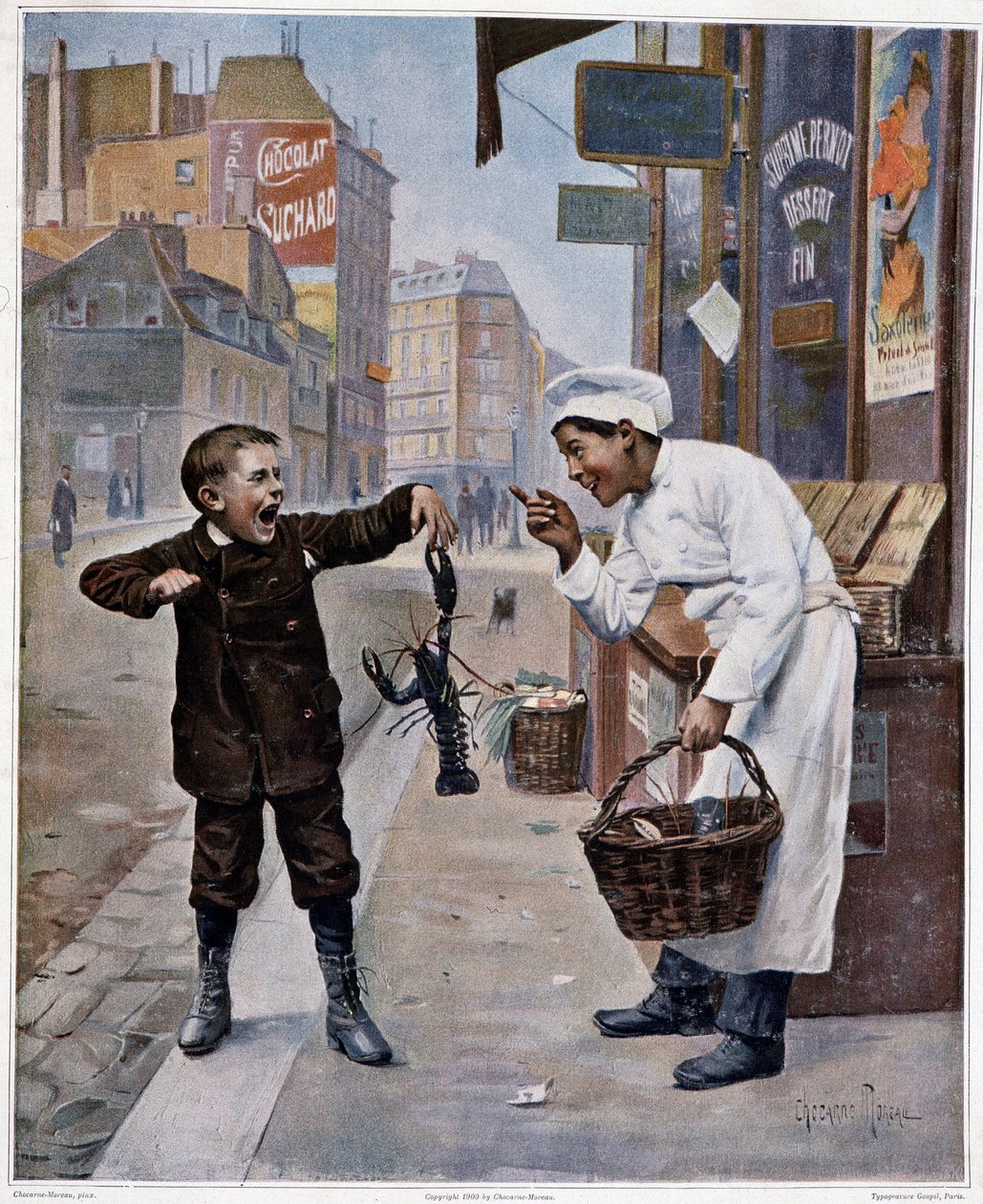 Jonge kok maakt grapjes met een kind dat door een kreeft wordt geknepen - tekening door Chocarne-Moreau door Paul Charles Chocarne Moreau