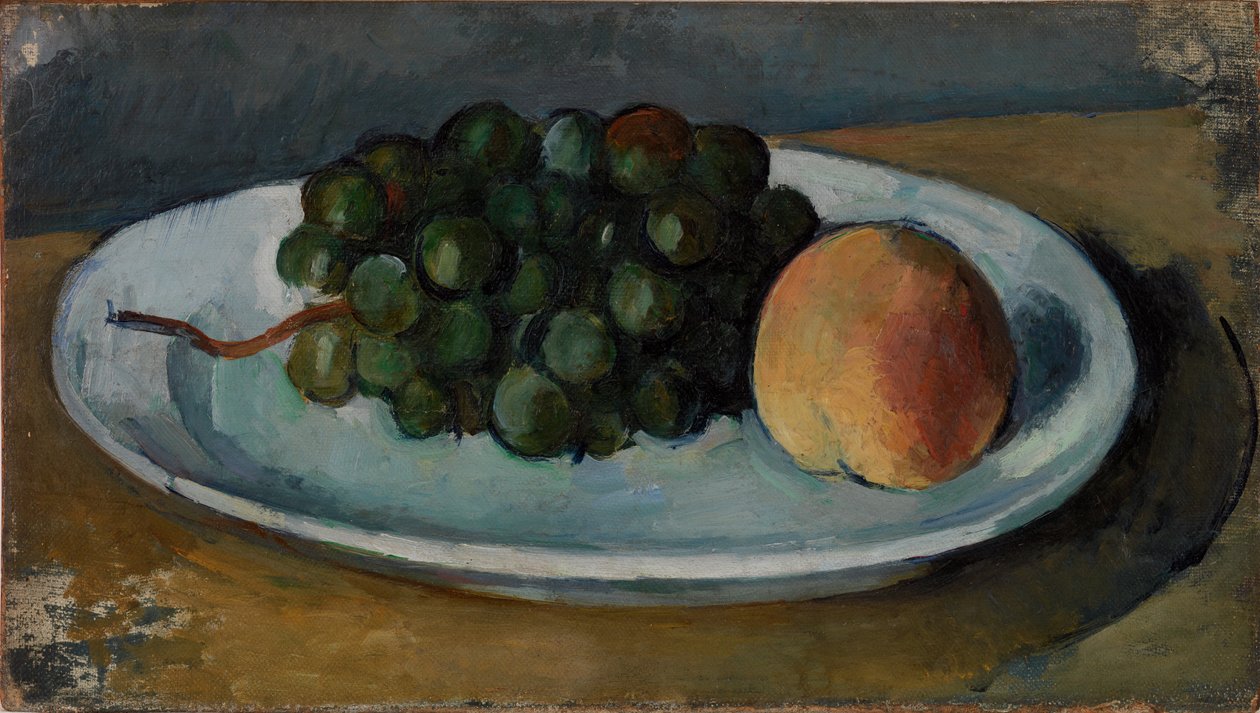 Druiven en Perzik op een Bord door Paul Cézanne