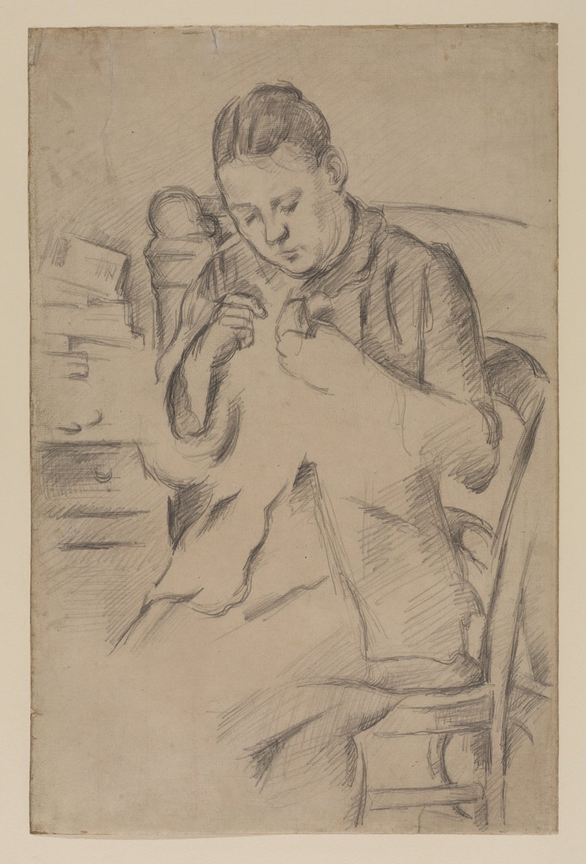 Hortense Fiquet, Madame Cezanne, naait, c.1880 (potlood op papier) door Paul Cézanne