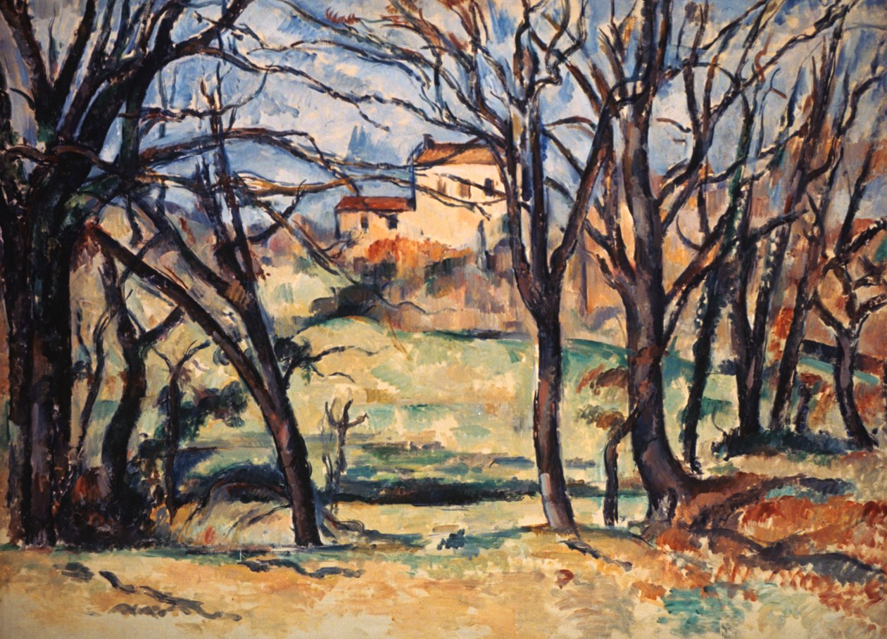 Huis achter bomen op de weg naar Tholonet, ca. 1885 door Paul Cézanne