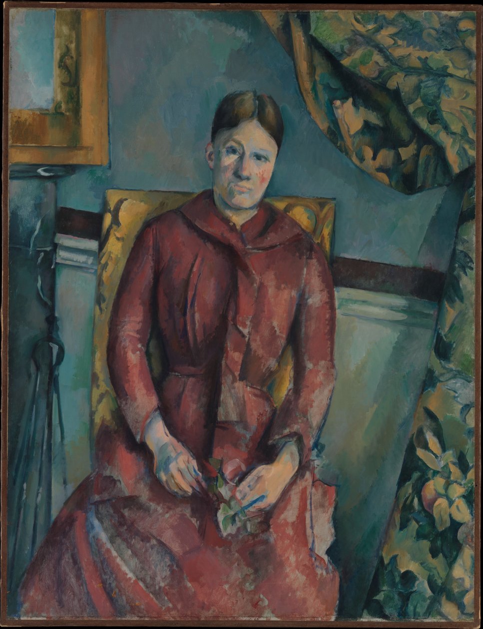 Madame Cézanne in een rode jurk door Paul Cézanne