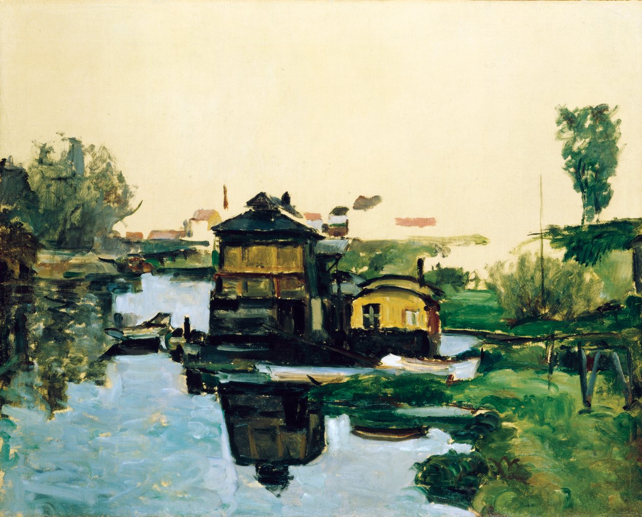 Drijvende huizen op een rivier door Paul Cézanne