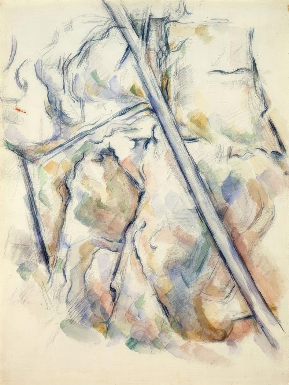 Pijnboom en rotsen bij de grotten boven Château-Noir door Paul Cézanne