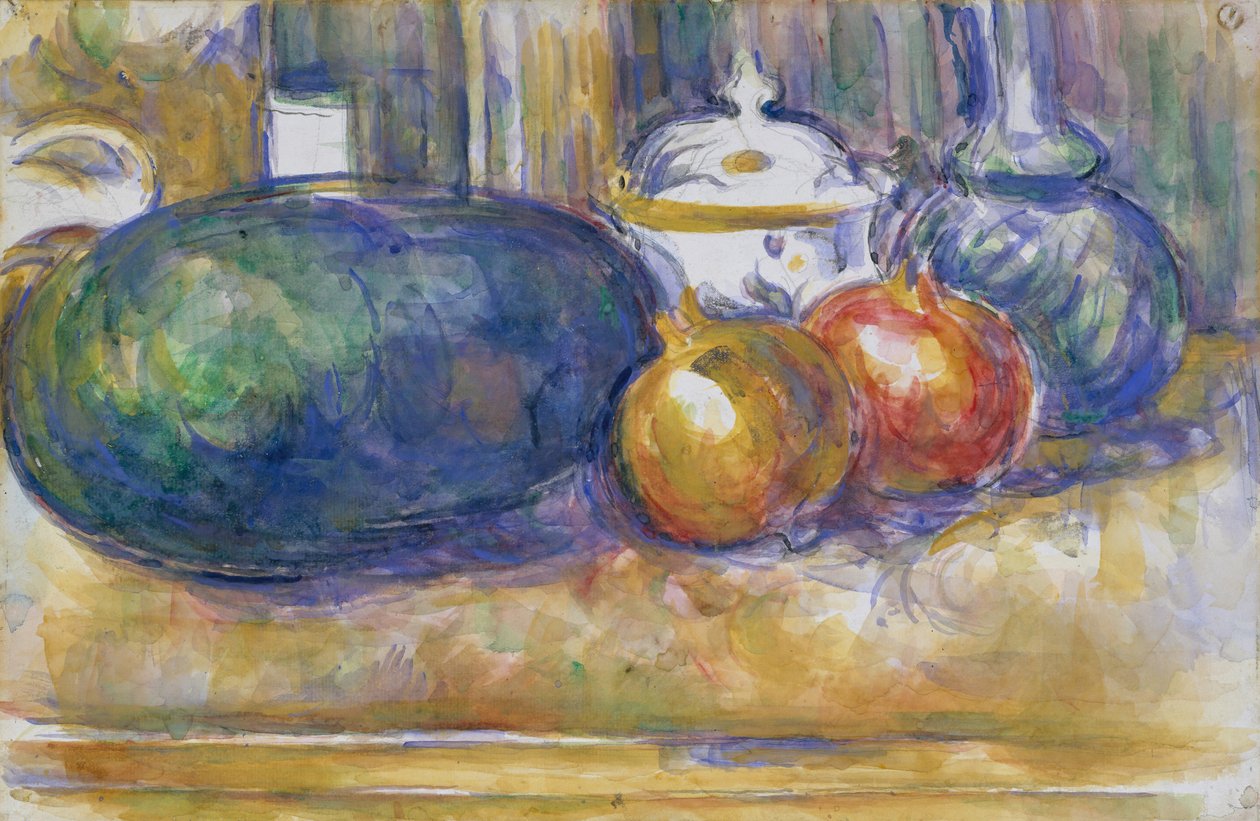 Stilleven met een watermeloen en granaatappels door Paul Cézanne