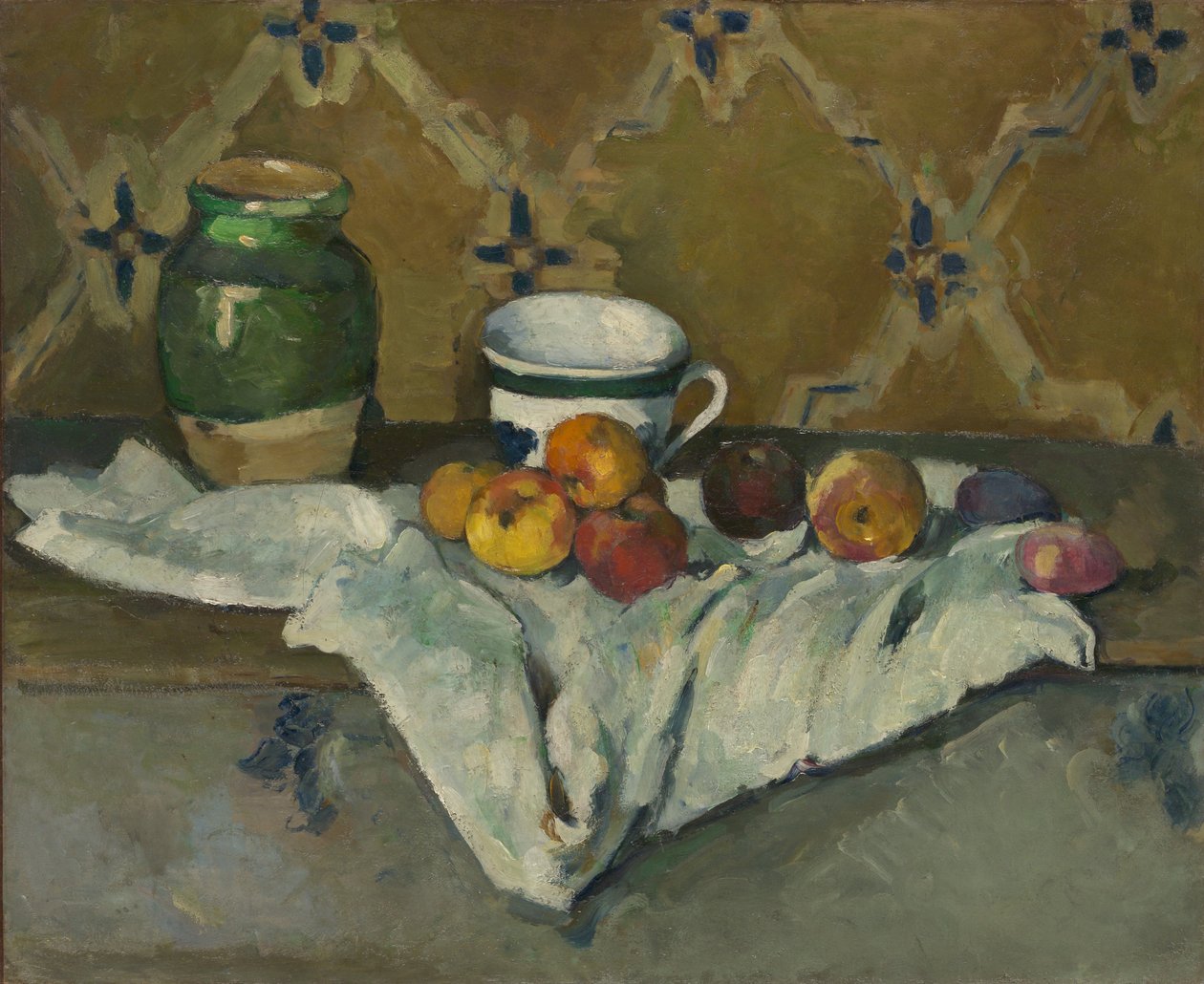 Stilleven met Pot, Beker en Appels, ca. 1877 door Paul Cézanne