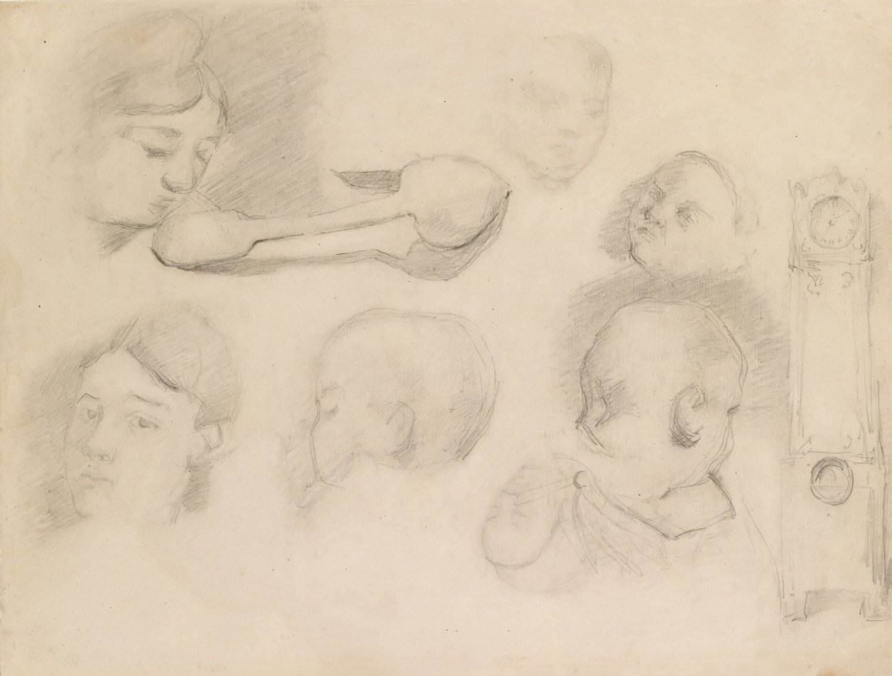 Studies van een kinderhoofd, een vrouwenhoofd, een lepel en een staande klok, c1872 door Paul Cézanne