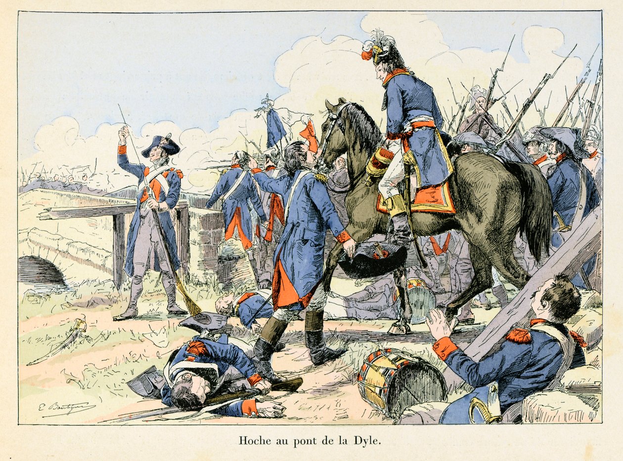 Hoche bij de brug van de Dyle: In maart 1793, tijdens de terugtocht bij de passage van de Dyle voor Leuven (België), vocht Lazare Hoche (1768-1797) tegen de Oostenrijkers - illustratie door Emile Boutigny (1853-1929) in 