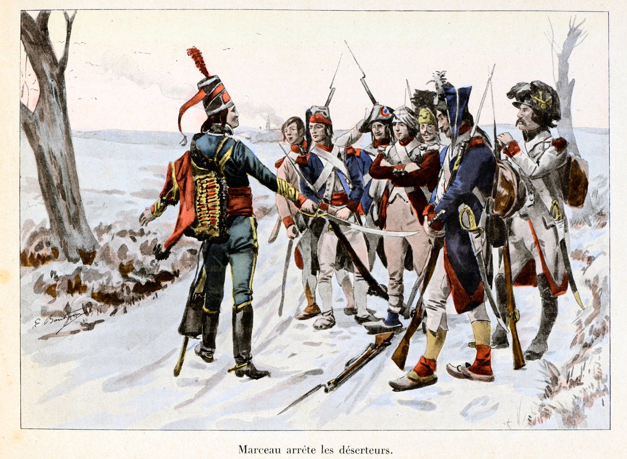 Marceau arresteert deserteurs: François-Séverin Desgraviers Marceau (1769-1796) houdt de soldaten van het Republikeinse leger in de Vendée (85) vast - Illustratie door Emile Boutigny (1853-1929) in 