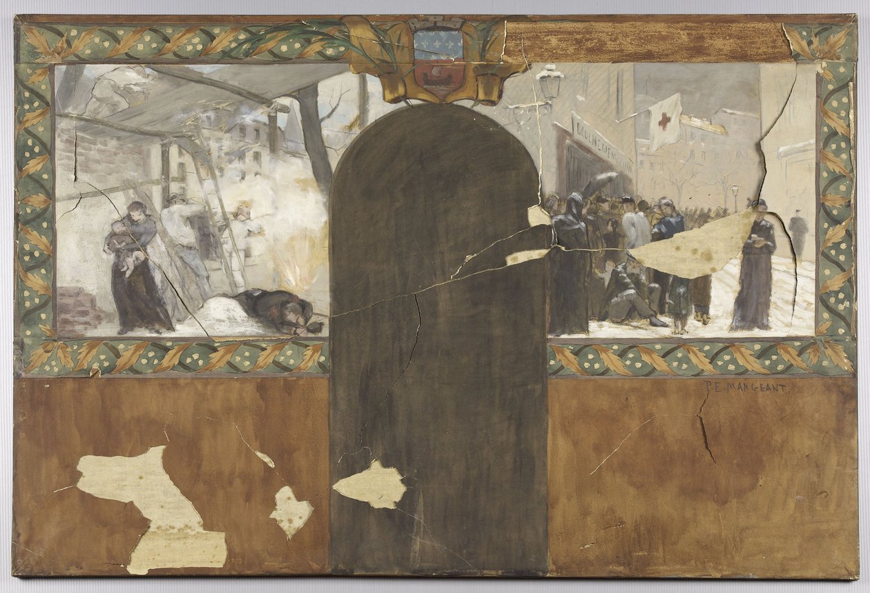 Schets voor het kantoor van de prefect van het Hôtel de Ville de Paris: Le bombardement de Paris - La queue devant une boucherie municipale door Paul Emile Mangeant