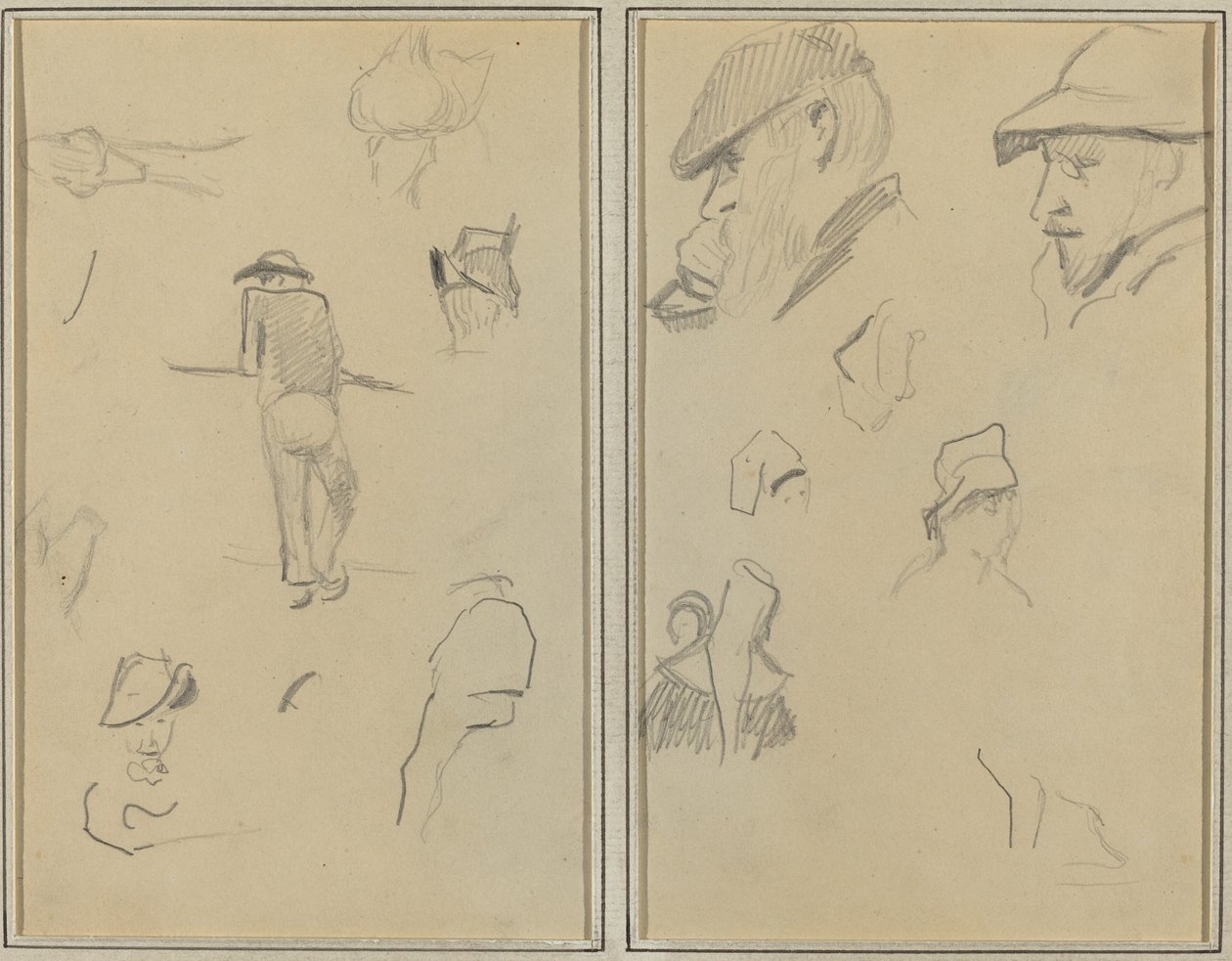 Een man leunend tegen een muur met vijf andere studies; twee bebaarde mannen met hoeden, en vijf andere studies door Paul Gauguin