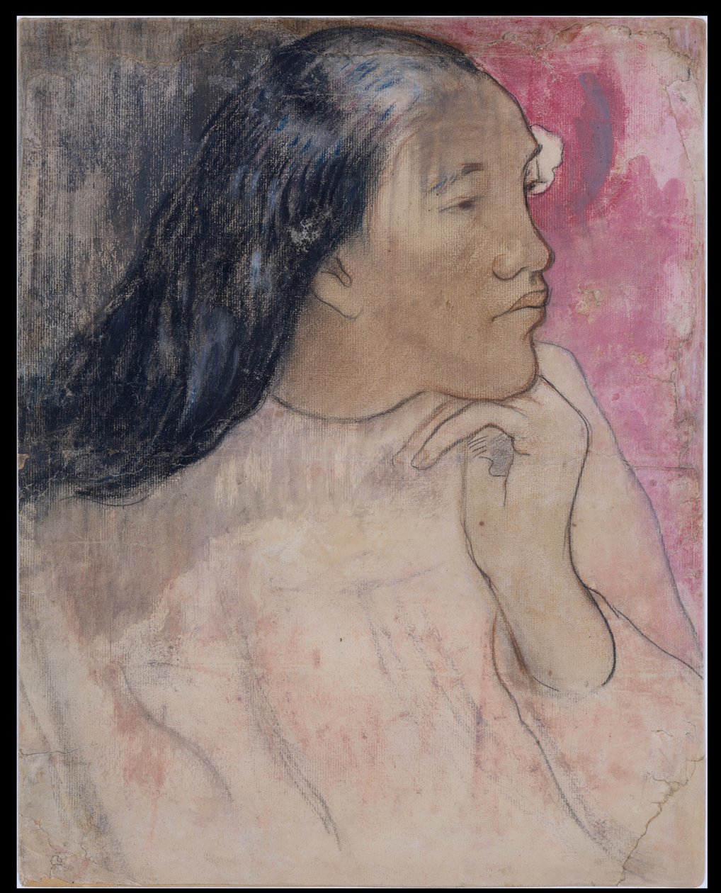 Een Tahitiaanse vrouw met een bloem in haar haar door Paul Gauguin