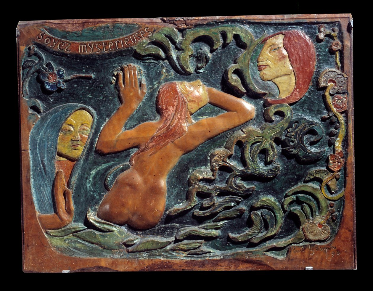 Wees mysterieus (Reliëf gesneden in lindehout) door Paul Gauguin