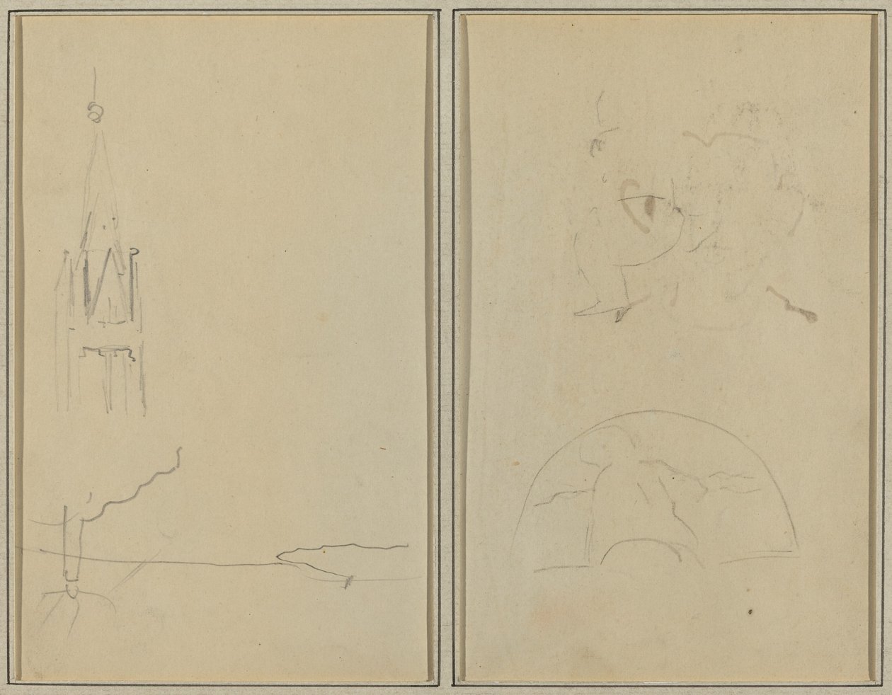 Kerktoren; een schets van een waaier [recto] door Paul Gauguin