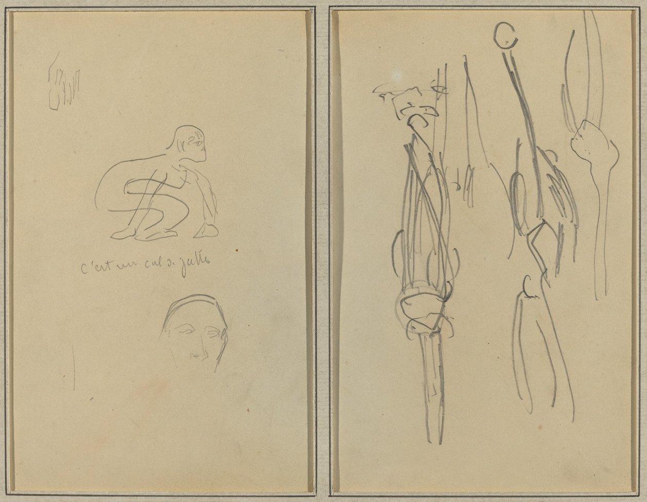 Hurkende Aap en Hoofd van een Man; Botten en Spieren [verso] door Paul Gauguin