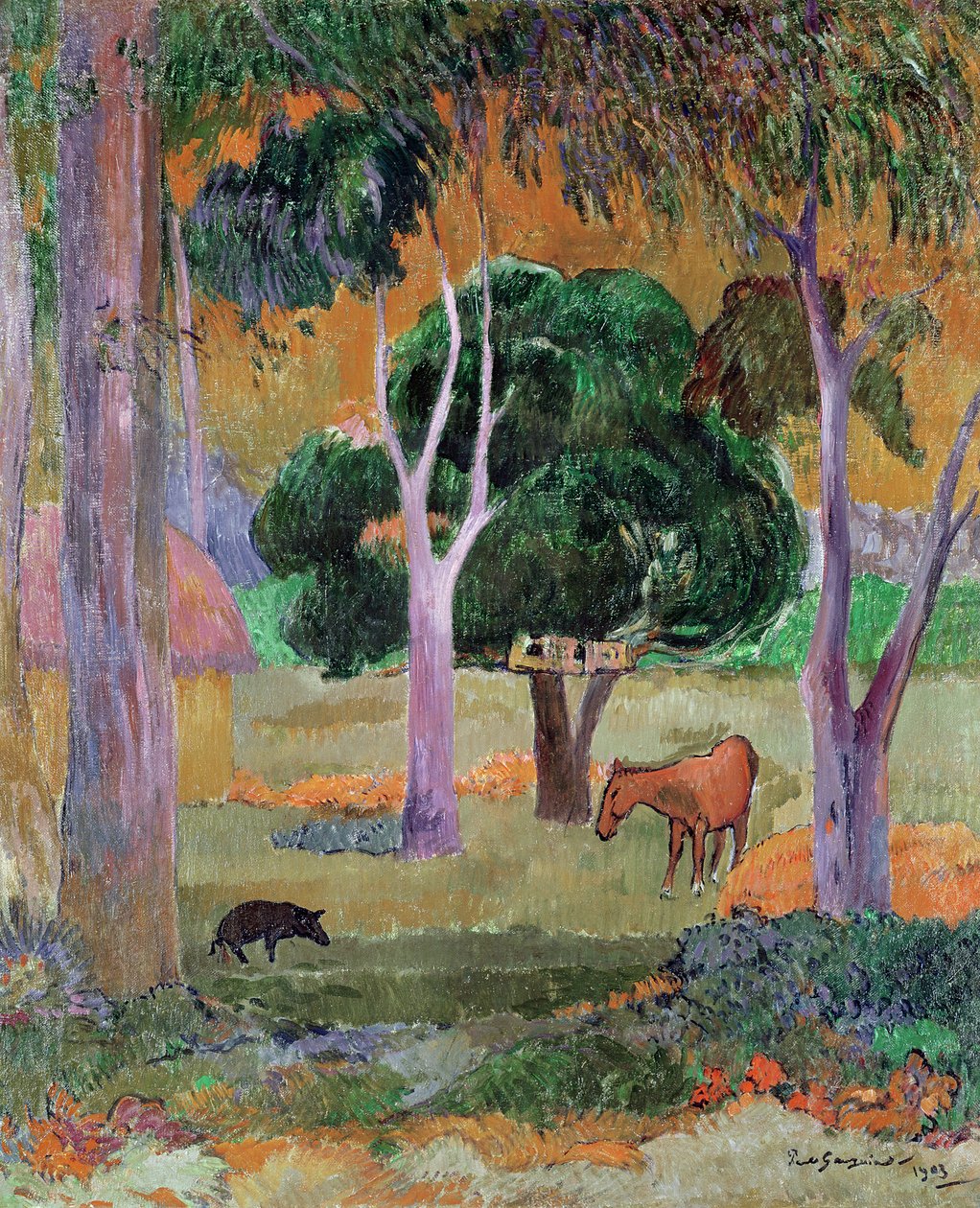 Dominicaans landschap of, landschap met een varken en paard, 1903 door Paul Gauguin