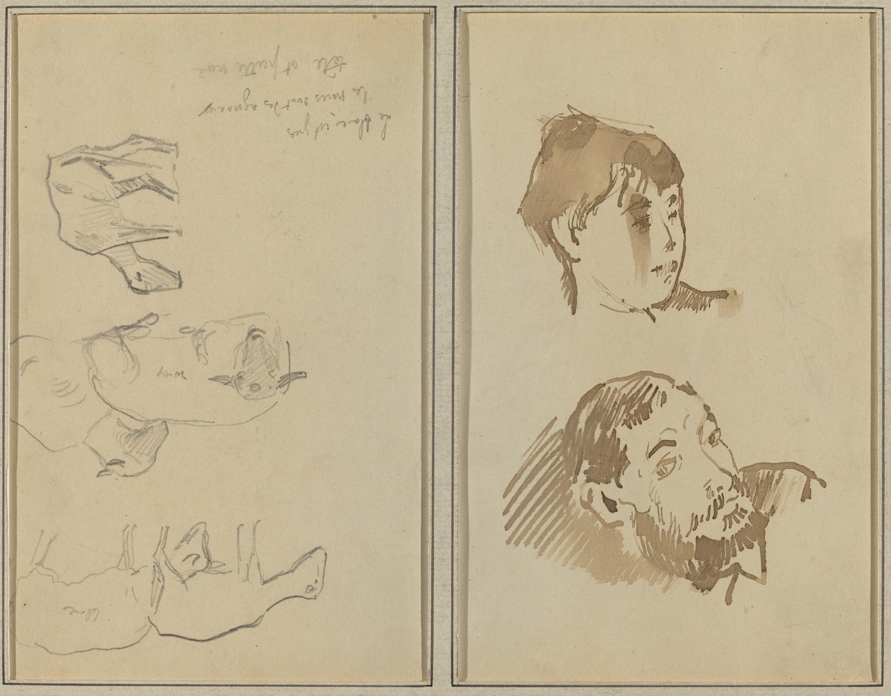 Vijf schapen; hoofd van een vrouw en hoofd van een bebaarde man (recto) door Paul Gauguin