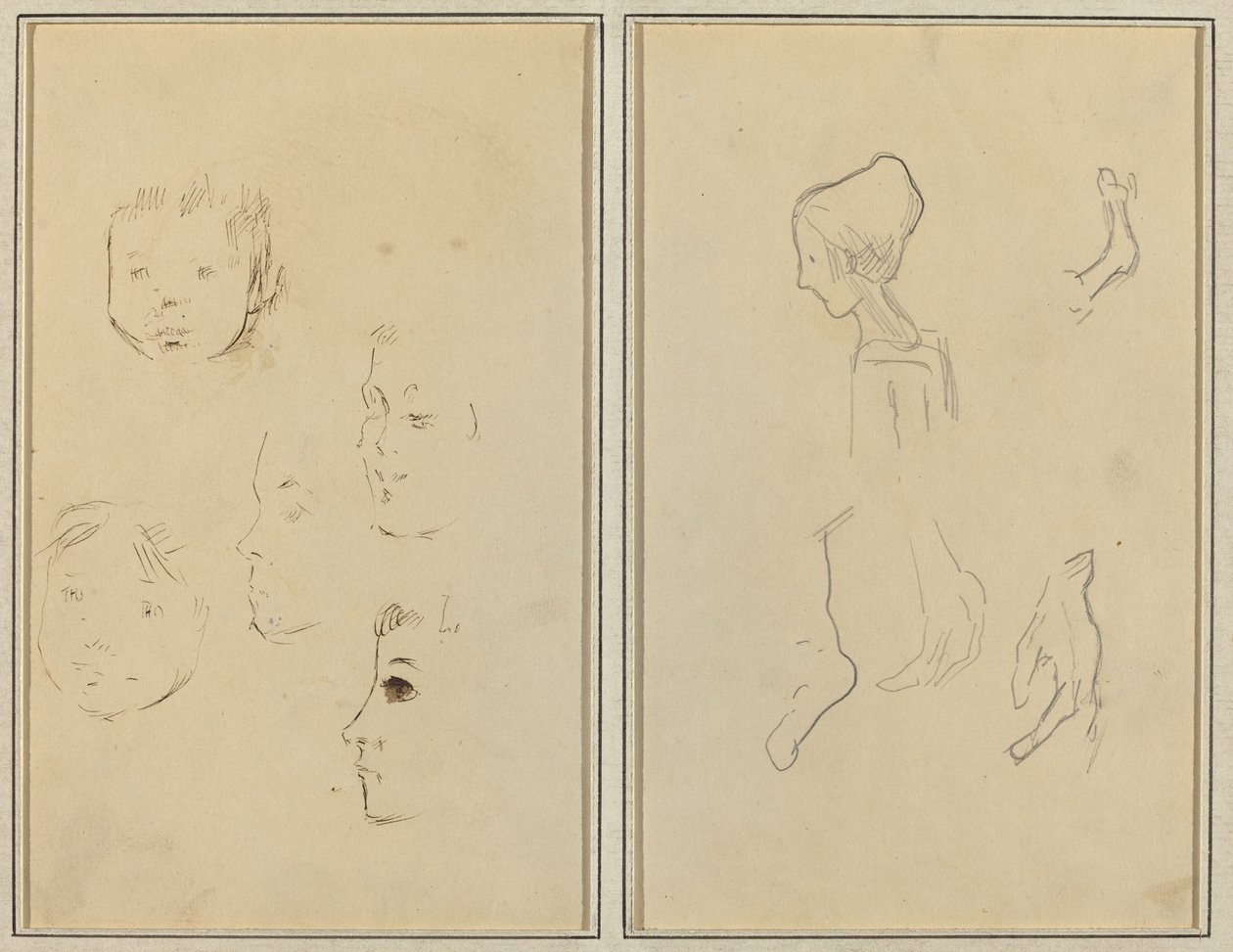 Vijf Studies van Hoofden; Een Jongen in Profiel met Studies van Handen en Voeten (verso) door Paul Gauguin