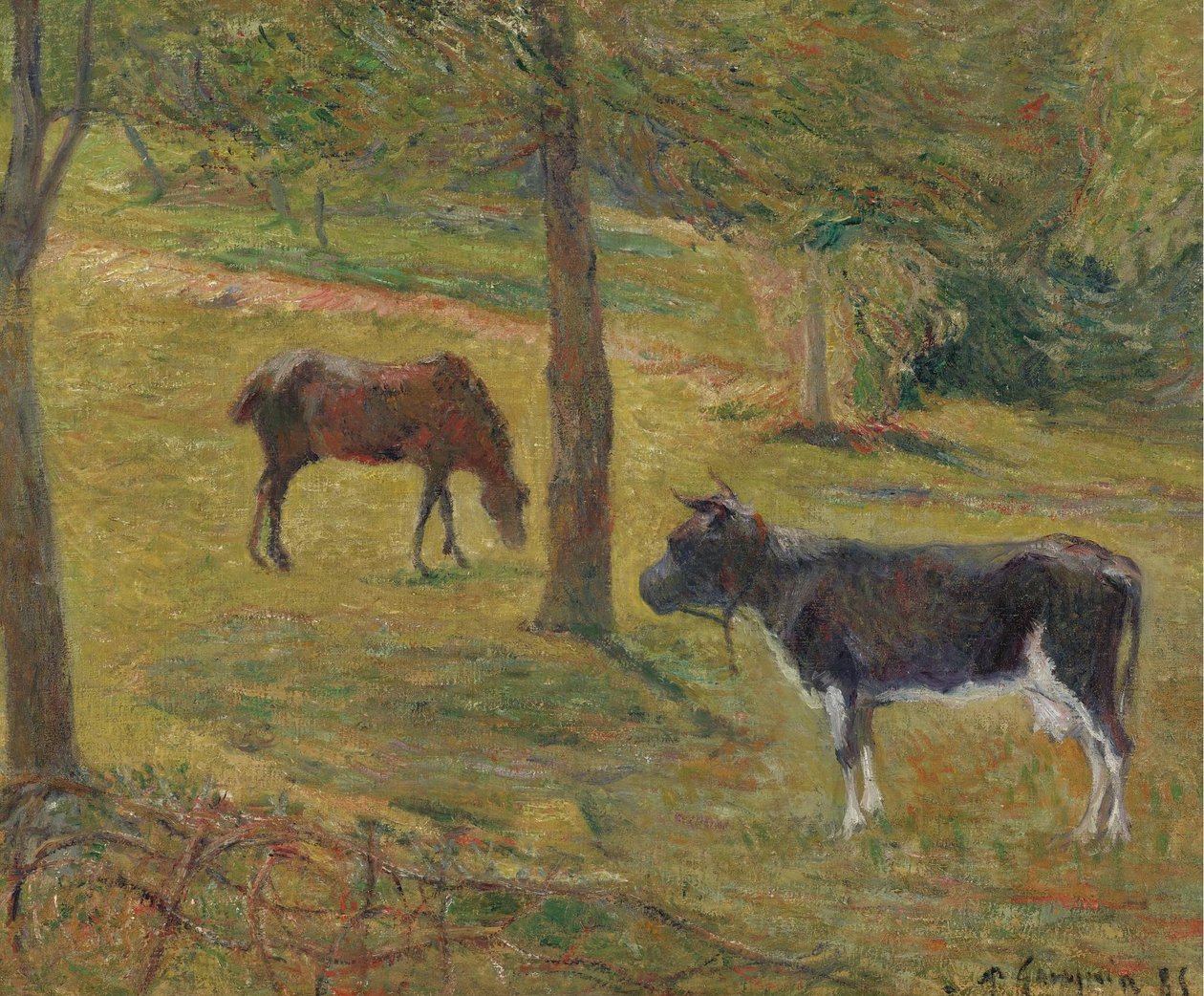 Frans: Vache et cheval dans un pré Koe en paard in een wei door Paul Gauguin