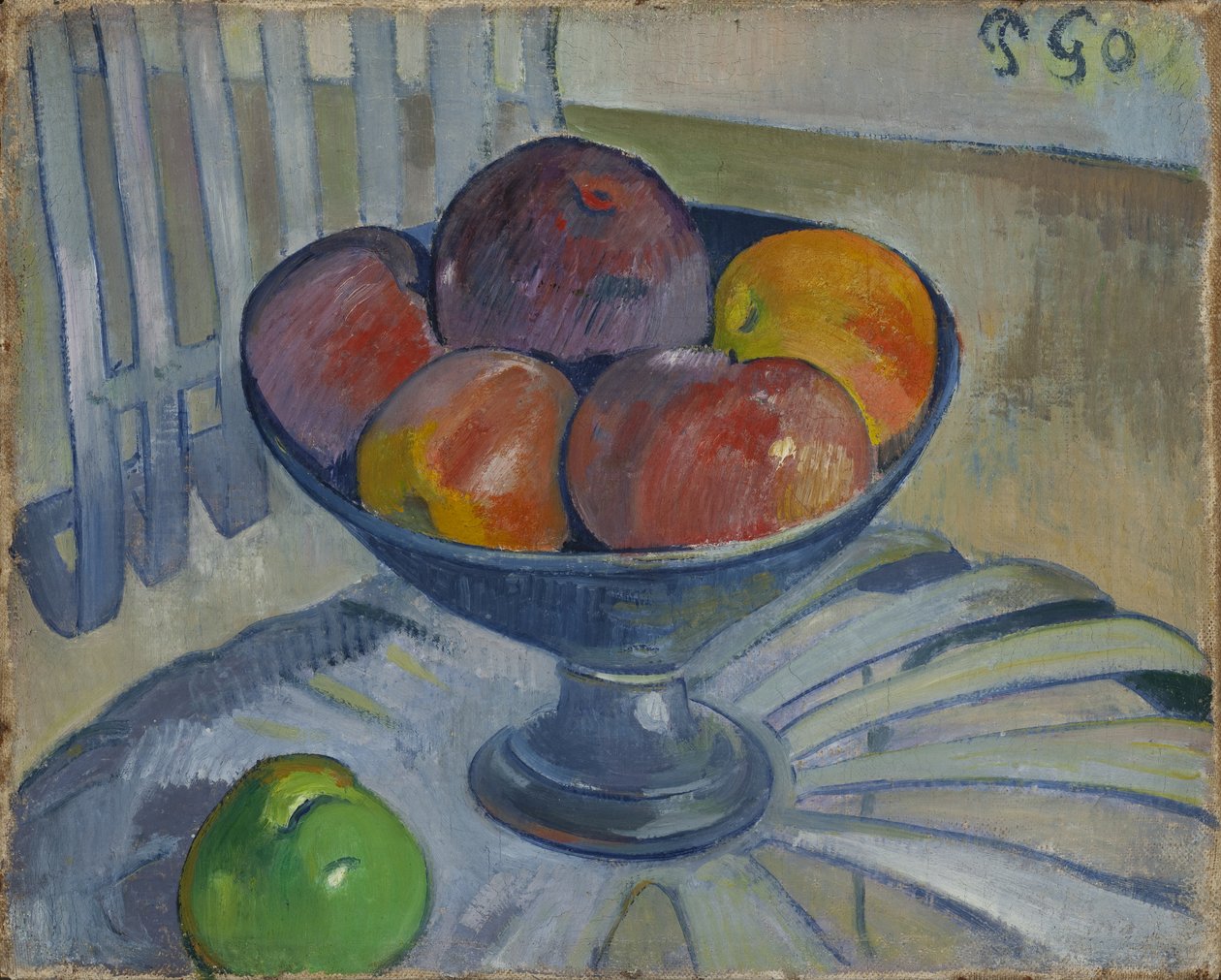 Fruitschaal op een tuinstoel door Paul Gauguin