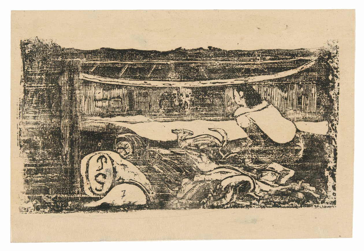 Interieur van een Tahitiaanse hut, uit de suite van late houtsneden door Paul Gauguin