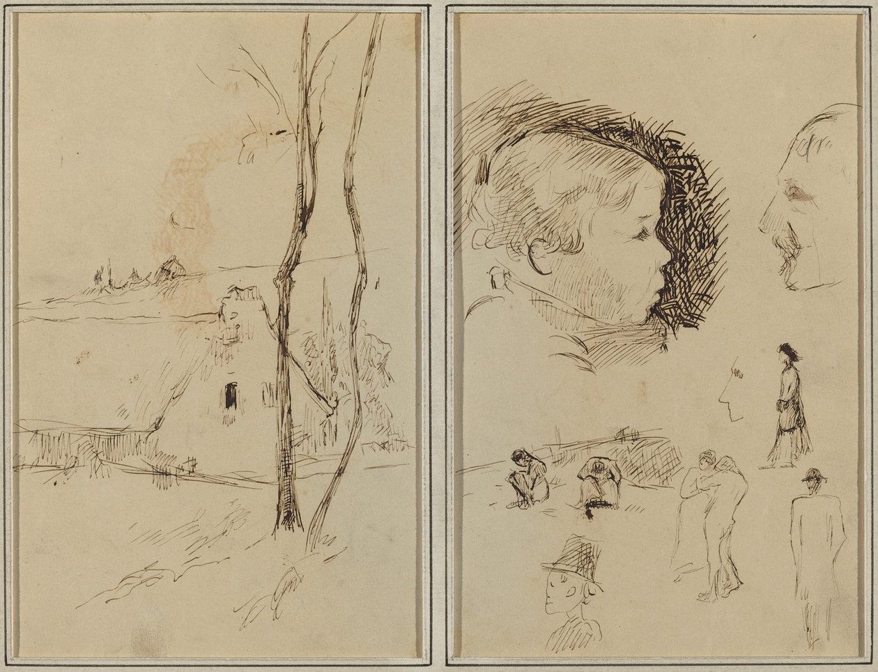 Landschap met een Huisje; Profiel van Jongen, Profiel van Man, Twee Vrouwen in een Landschap, en Vijf Andere Studies [verso] door Paul Gauguin