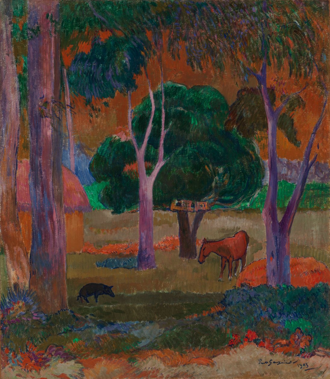 Landschap met een varken en een paard (Hiva Oa) door Paul Gauguin