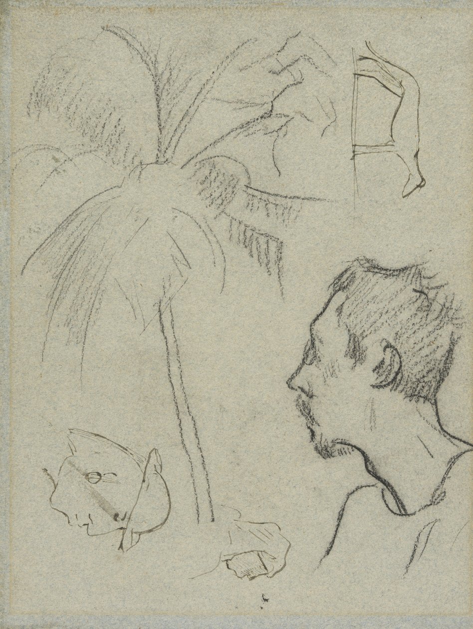 Profiel van Charles Laval met palmboom en andere schetsen door Paul Gauguin