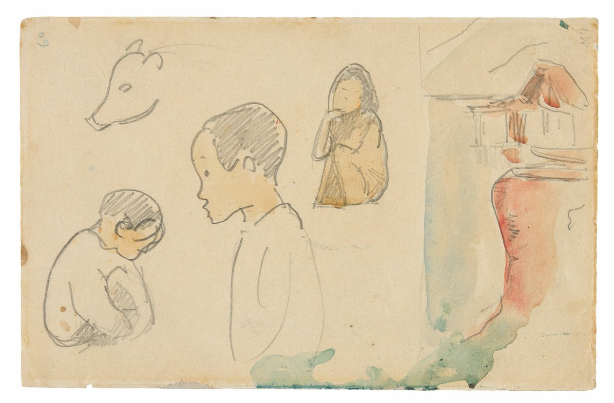 Schetsen van gehurkte en staande figuren, een varken en een hut aan de waterkant door Paul Gauguin
