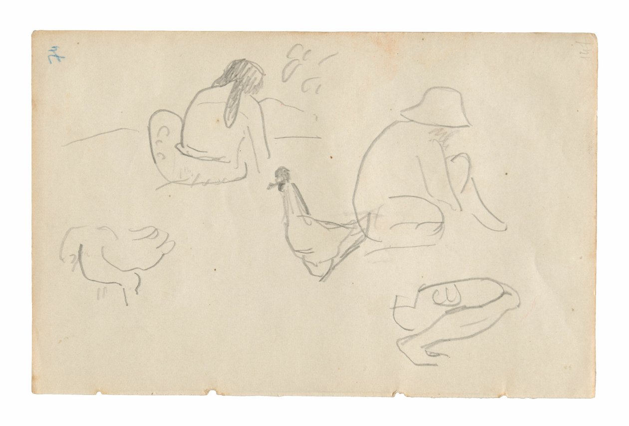 Schetsen van zittende figuren en kippen (recto), Naakte vrouwelijke torso (gerelateerd aan het schilderij Te a no areois [Het zaad van de Areoi]) (verso), uit het Carnet de Tahiti (Tahitiaans schetsboek) door Paul Gauguin
