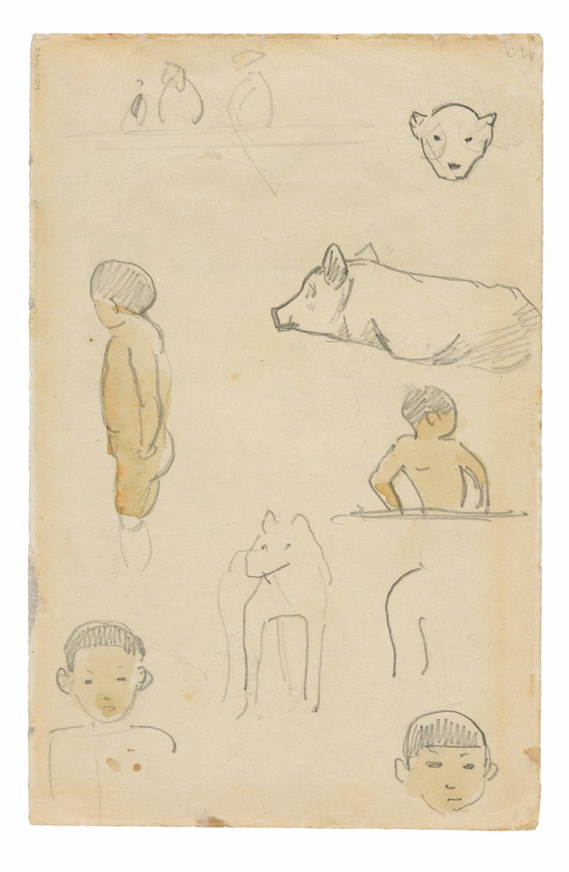 Schetsen van staande figuren en dieren door Paul Gauguin