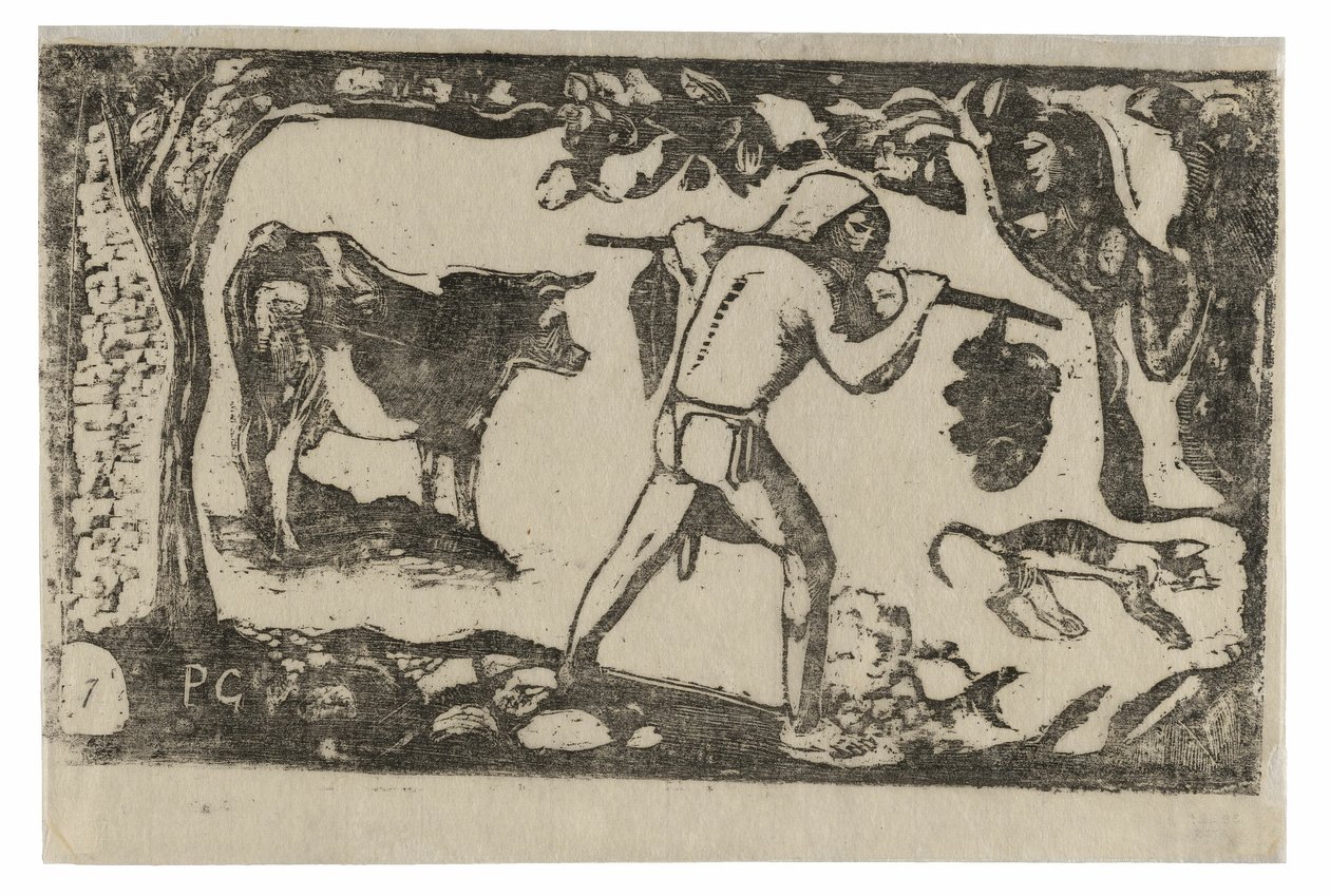 Tahitiaan die bananen draagt, uit de suite van late houtsneden door Paul Gauguin