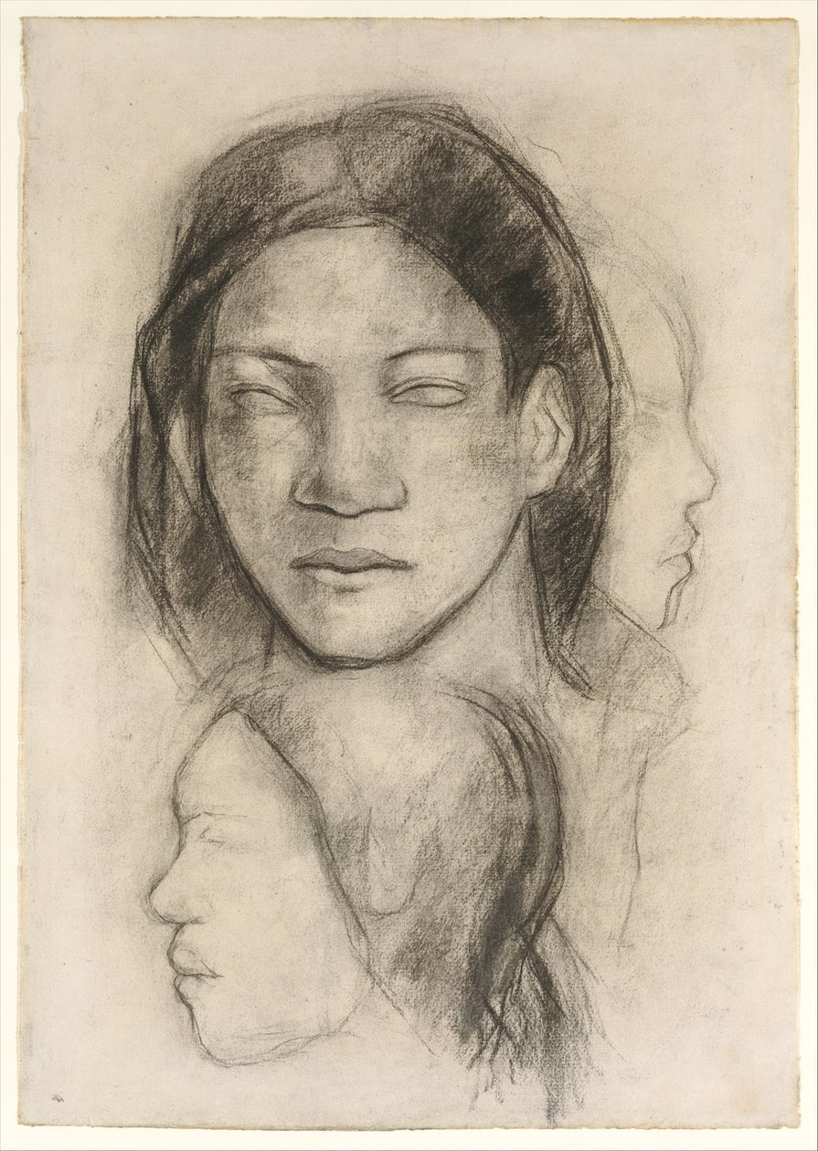Tahitiaanse gezichten (vooraanzicht en profielen) door Paul Gauguin