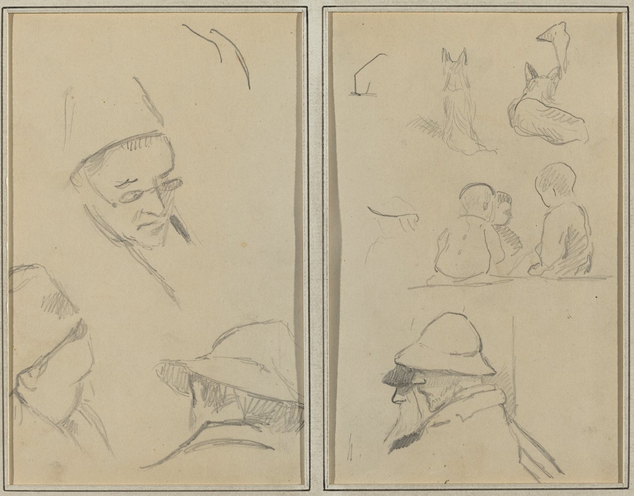 Drie studies van mannenhoofden, een met bril; honden, kinderen en twee bebaarde mannen in profiel [verso] door Paul Gauguin