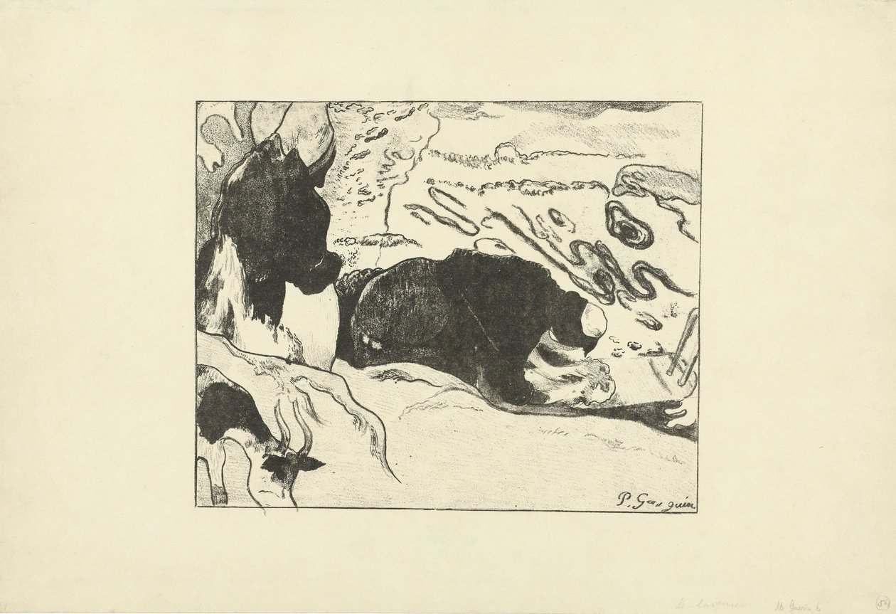 Twee wasvrouwen wassen kleding bij water door Paul Gauguin