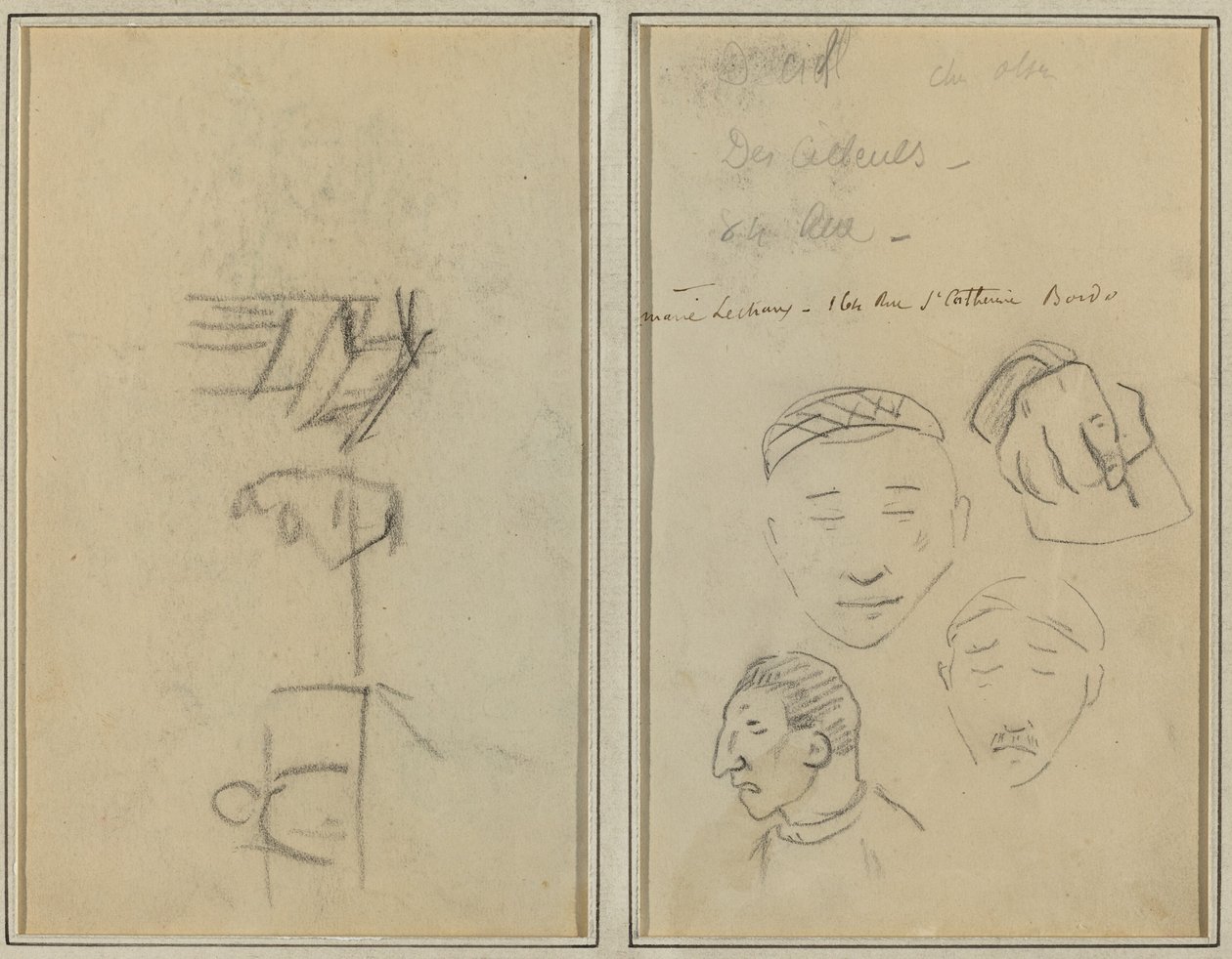 Twee Figuren en een Bank; Drie Studies van Mannenhoofden en Een van een Hand door Paul Gauguin